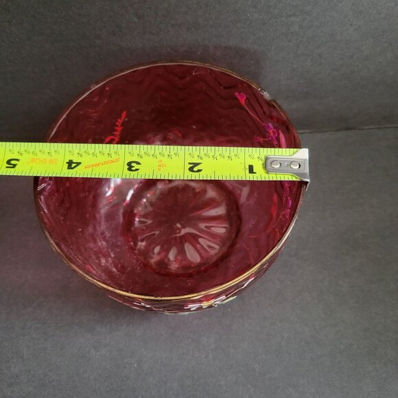 Vintage Hand-Painted Cranberry Glass Bowl Handpainted Floral Design &Chevron Pat - Picture 12 of 13